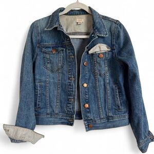 J Crew Early 2000’s Blue denim jacket with button-up front and patch pockets